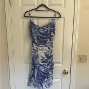 Nicole Miller Blue and White Ruched Bodycon Mini Dress